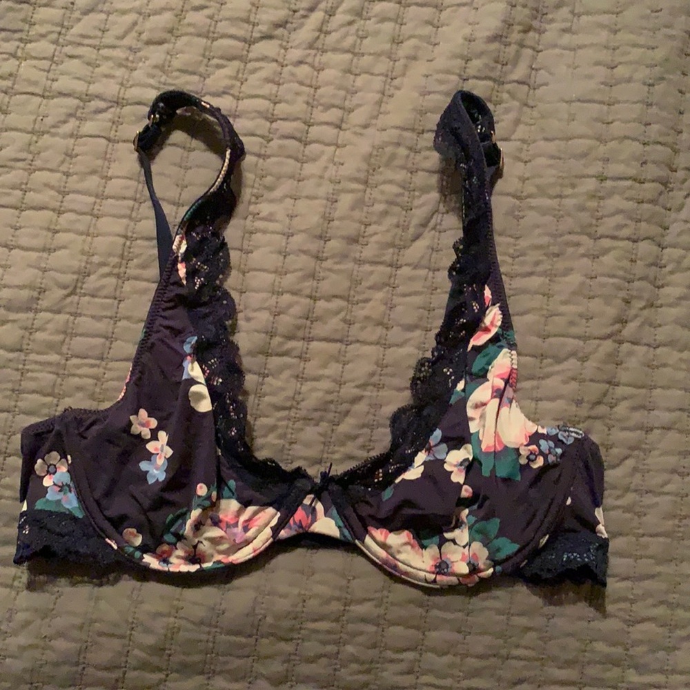 AERIE~Navy Blue Floral w/ Lace "HAPPY" Unpadded UNDERWIRE BRA~Women's 34C
